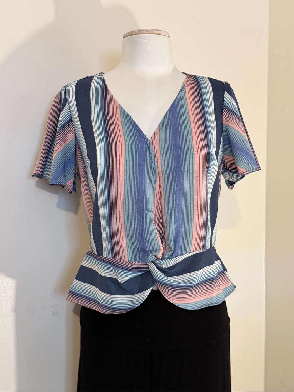 Candie's Multi-Stripe Twist-Front Blouse in Navy, Blue & Pink